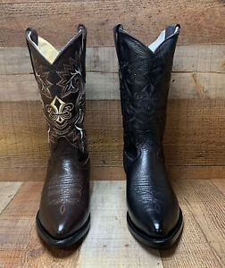 Mens Western Cowboy Black/ Brown Boots J-Toe Botas Genuine Leather Hombre Negras