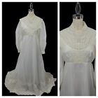 Vintage 70s Wedding Dress Gown Train Satin Chiffon Lace Accents High Neck | 12