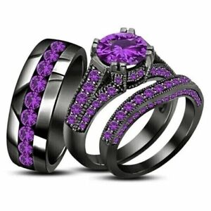 Trio Ring Set Amethyst His Her  2 Ct Wedding Lab Created 14k Black Gold Plated