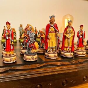 Chess Set Camelot Hand-Painted Chess Pieces Wood Vintage Chess Board Gift Idea