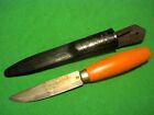Vintage Sweden MORA Orange Wood Handle Carbon Steel Blade Knife & Plastic Sheath