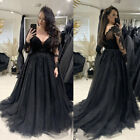 Gothic Black Long Sleeves Wedding Dresses V Neck Lace Appliques Bridal Gowns