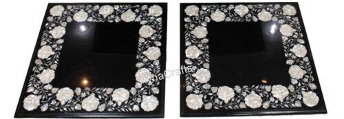MOP Inlay Work Coffee Table Top Black Square Marble End Table Set of 2 Pieces