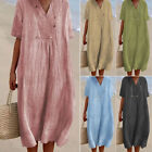 Ladies Cotton Linen V Neck Midi Dress Women Short Sleeve Loose Long Dress Solid*