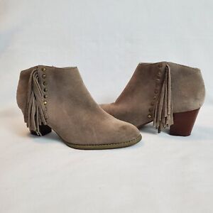 Vionic Booties Size 8.5 Tan Suede Faros Fringe Studded Heeled Ankle Boots