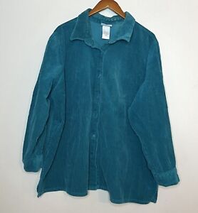 Blair Vintage Plus Sized Button Down Corduroy Shirt Top Blue Teal Cotton Sz 3XL