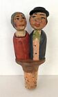 Antique ANRI Hand Carved Wood Mechanical Couple Wine Bottle Cork Stopper 4.5” H