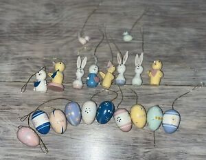 20 Vintage Easter Ornaments Lot Wooden Hand Painted Bunnies Eggs Birds Vtg Mini