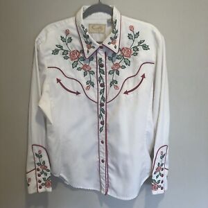 SCULLY Vintage Embroidered Western Floral White Pearl Snap Shirt X Large