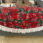 Vintage Christmas Round Poinsettia Tablecloth Red Green Cotton With Fringe 70”