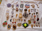 over 50 Vintage Now Brooch Pins Lot Rhinestone Flowers Xmas frame religious plus