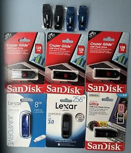 LOT 10 USB Flash Drive Lot - SanDisk, Lexar  8 32 128 256 GB MIxed. New & Sealed