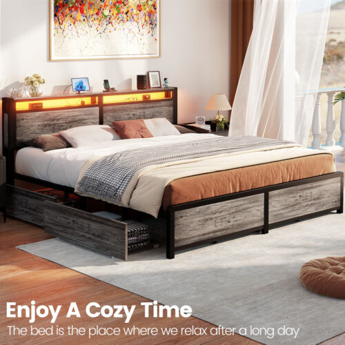 King Size Bed Frame & 4 Storage Drawers & Charging Station &Headboard &LED Light