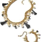 NWOT CABI South Seas Faux Pearls Black Tassel Convertible Necklace Gold