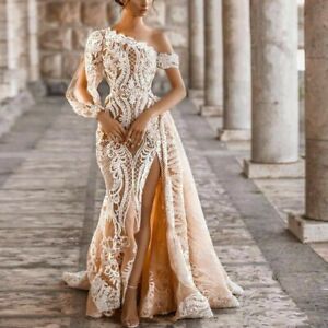 Vintage Slit Lace Wedding Dress One Shoulder Bridal Gown Detachable Train