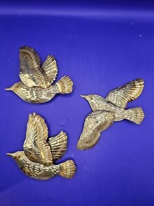 Set Of 3 MCM Brass Birds In flight Wall Decor Hanging Mid Century Modern 3D