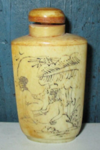 ANTIQUE CHINESE 2 SIDED HAND CARVED RISQUE SCRIMSHAW SNUFF BOTTLE