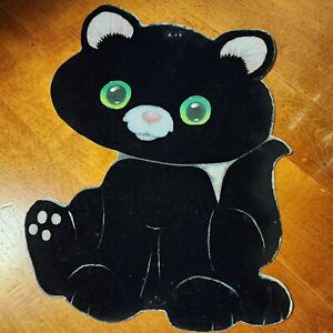 Flocked Black Cat Hallmark Halloween Die Cut Wall Decoration Vtg Big Eyed Kitty