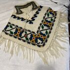 Chunky Knit Bohemian Hand Knit Vintage 70's Fringe Poncho Ivory Flower Western