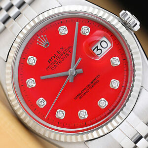 ROLEX MENS DATEJUST RED DIAMOND DIAL 18K WHITE GOLD STEEL WATCH w/ JUBILEE BAND