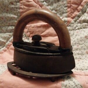 Antique Small Sad Iron w/Wooden Removable Handle And Trivet