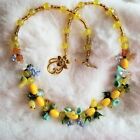 Venetian Glass Beaded Necklace Vintage Yellow Birds flowerBerries Italy 22 Inch