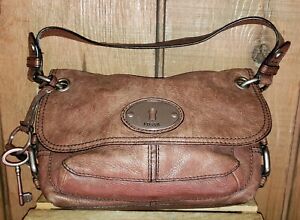 Fossil 1954 Long Live Vintage Brown Leather Shoulder Bag Purse Silver Hardware