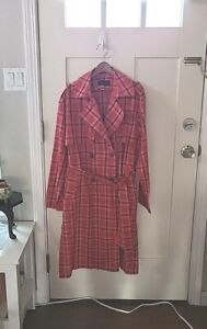 Linen & Cotton Red Plaid Long Trench Coat Double Breasted Small/Medium
