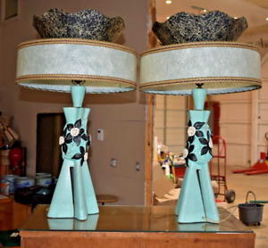 Mid Century Blue Table Lamps with Fiberglass Shades, A Pair
