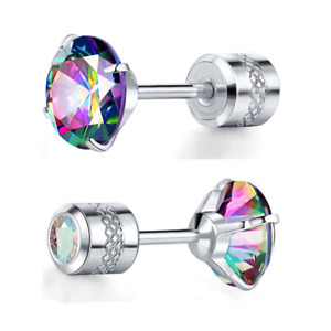 A PAIR Silver Prong Set Colorful CZ Stud Earrings Screw Back Surgical Steel Gift