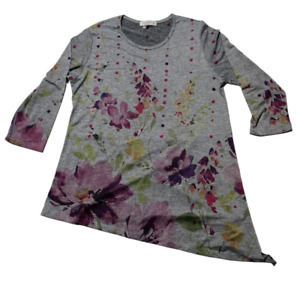 New ListingJess & Jane Gray Floral Tunic 3/4 Sleeve Asymmetric Blouse Top Women's Size S