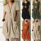 Womens Summer Cotton Linen Dress Ladies Short Sleeve Pockets Sundress Plus Size