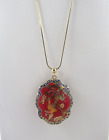 Vintage Red Cloisonne Bird & Floral Pendant Necklace