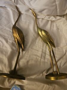 Brass crane/heron birds on attached stands 11” pair of two