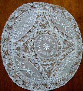 Antique 20s table doily French Normandy combo laces w emb/ry hand done 10