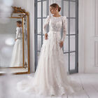 O Neck Wedding Dresses Long Sleeves Lace Applique Sweep Train A Line Bridal Gown