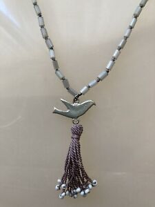 Fat face Grey Beaded Bird Charm And Tassel Necklace, Excellent Condition