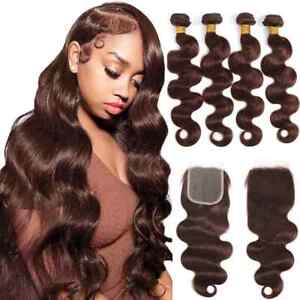#4 Brown Human Hair Bundles with Closure Body Wave Bundles with 4x4 Lace Closure