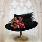 Antique Victorian 1800s Edwardian 1900s Black Velvet Ostrich Feather Hat Flower