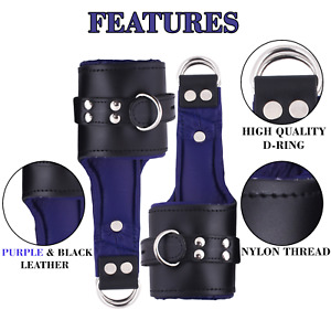 Cow Hide Heavy Leather Cuffs Padded Wrist Cuffs Lockable Purple &Black Restraint