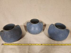 Three Matching Brush McCoy Art Vellum 1930s Art Deco Pottery Matte Blue Vase