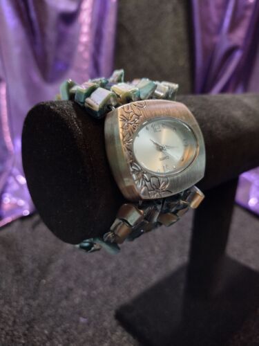 Womens Wrist Watch Chucky Wide Stainless Pearl Flowers Stretch Band Blue (352)