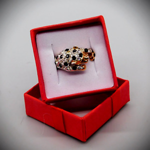 Big Cat Leopard Ring Red Rhinestone Eyes Also Black & Clear Size 6.5  Gold Tone