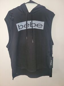 New BEBE Sport Logo Women's 1X Black Knit Cotton Sleeveless Distressed.