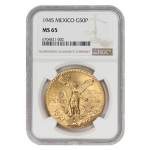 Mexico 1945 Gold 50 Peso NGC MS65 Gem Graded Uncirculated 1.2057 oz coin