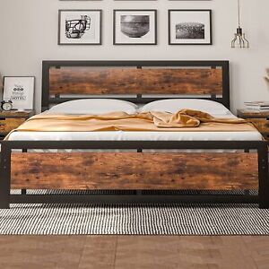 Codesfir King Size Bed Frame Platform Metal Bed Frame Industrial Wood Headboard