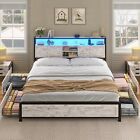 Queen Size Bed Frame with Storage Headboard,4 Drawers,LED Lights Washed Oak Grey