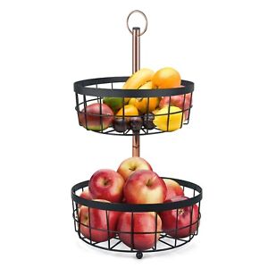 2-Tier Fruit Basket Bowl Vegetable Storage Countertop Rack Black Gold Kitchen