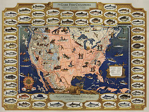 Early Pictorial Map The Game Fish Cyclopedia Fishing Fishermen Gifts Wall Poster