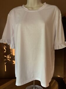 Boutique white top shirt blouse ruffle short sleeve stretch NEW XL SALE!
